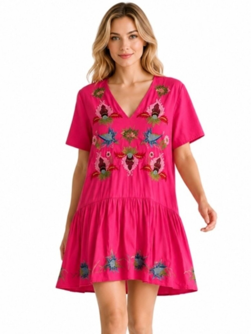 ASOS Hot Pink Embroidered Cotton Mini Dress Size 10 - Excellent Condition